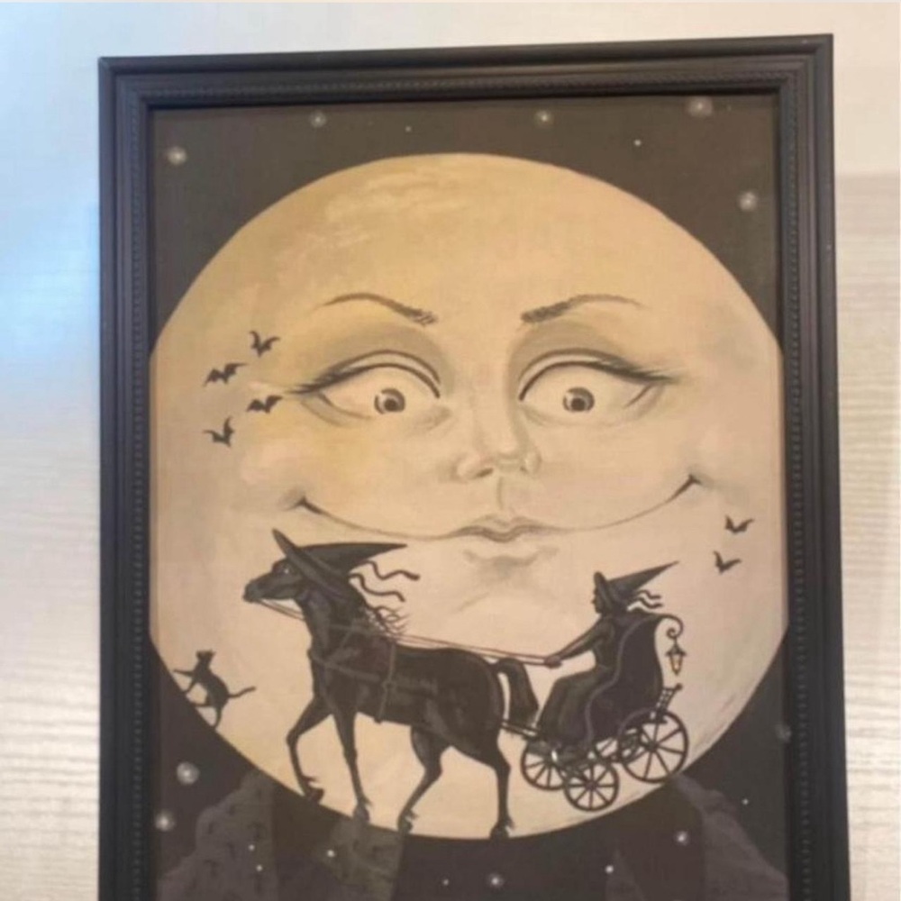 8x10” framed Mystic Salem Halloween Full Moon Horse Carriage witch black cat
